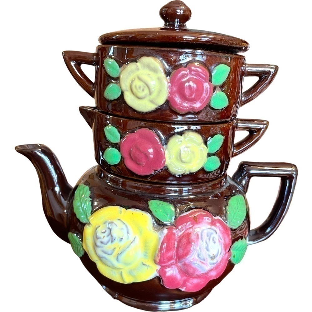 Stacking teapot set, vintage red ware glazed pottery, marked Japan, no chips